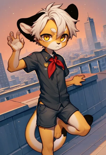 solo, furry, anthro, mikus, 1boy, solo, paws, boy, petite boy, slim boy, small boy, (white hair, dark yellow eyes, yellow fur, dotted eyebrows, small eyebrows, white eyebrows, white fur, yellow paws, tail tip black, black ears), Soviet schoolgirl uniform, frilled apron, red neckerchief, score_8_up, score_7_up, score_6_up, score_5_up, score_4_up, outdoors, cityscape, dutch angle, random pose, spontaneous pose, random view, view from different angles, shorts, chibi