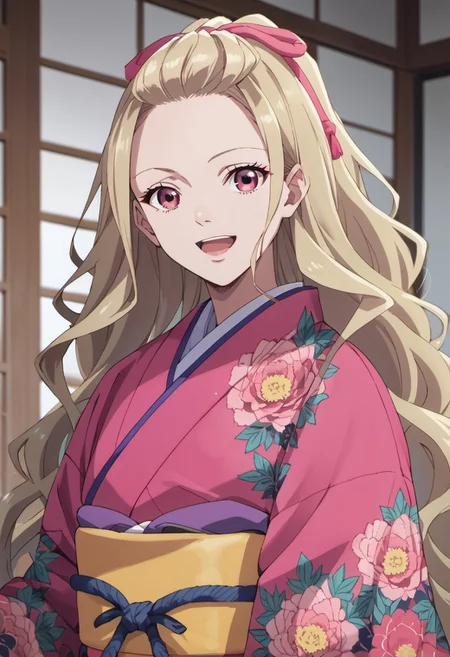 score_9, score_8_up, score_7_up, source_anime, saimori kaya, long hair, blonde hair, pink eyes, 1girl, japanese clothes, kimono, solo, open mouth, smile, ribbon, hair ribbon, floral print, :d