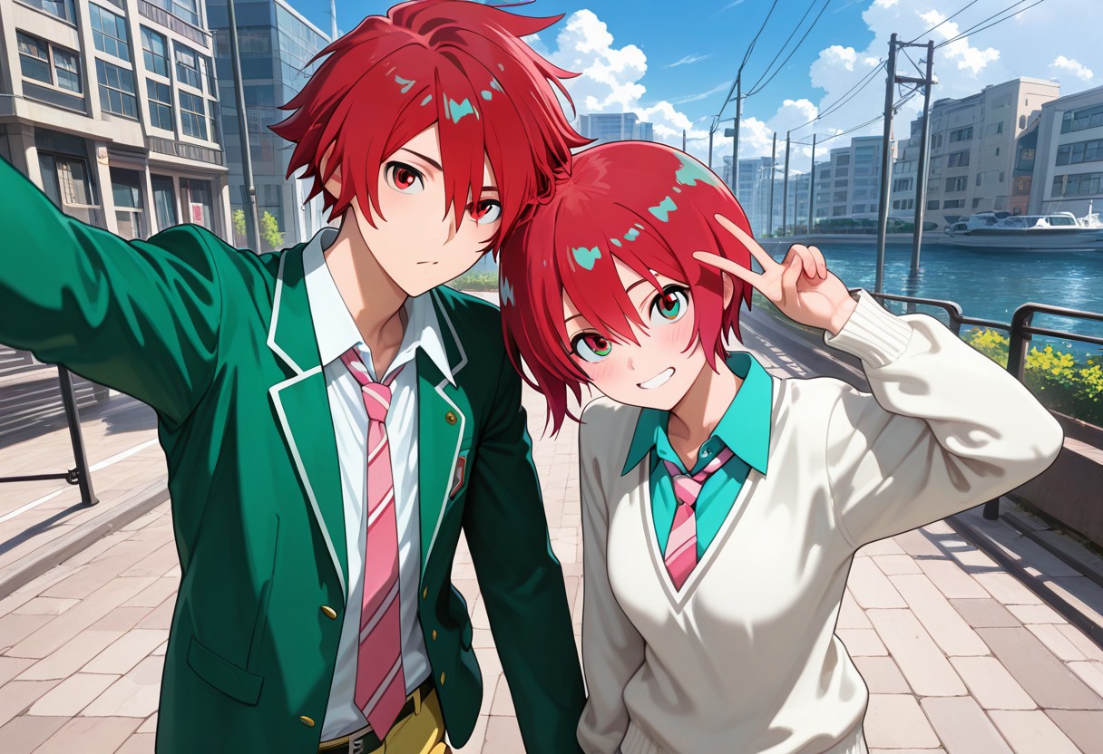 masterpiece, best quality, amazing quality, absurdres, newest, detailed background, definition so sharp, Ultra-HD, 8K cinematic, very awa, impressionate, amazing quality, highres, 
duo, couple focus, different high, different size, side by side, v, selfie, upper body, day, blue sky, outdoor, 
BREAK
(1boy, kagayakibishounen, takuto_red eyes, takuto,red hair, short hair, takuto_school uniform, green blazer, white collared shirt, pink tie, yellow pants, black leather shoes),
BREAK
1girl, amate yuzuriha,aqua shirt,striped necktie,white sweater,
