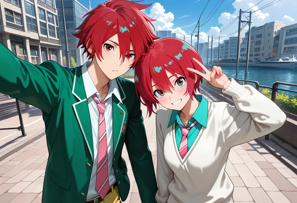 masterpiece, best quality, amazing quality, absurdres, newest, detailed background, definition so sharp, Ultra-HD, 8K cinematic, very awa, impressionate, amazing quality, highres,
duo, couple focus, different high, different size, side by side, v, selfie, upper body, day, blue sky, outdoor,
BREAK
(1boy, kagayakibishounen, takuto_red eyes, takuto,red hair, short hair, takuto_school uniform, green blazer, white collared shirt, pink tie, yellow pants, black leather shoes),
BREAK
1girl, amate yuzuriha,aqua shirt,striped necktie,white sweater,