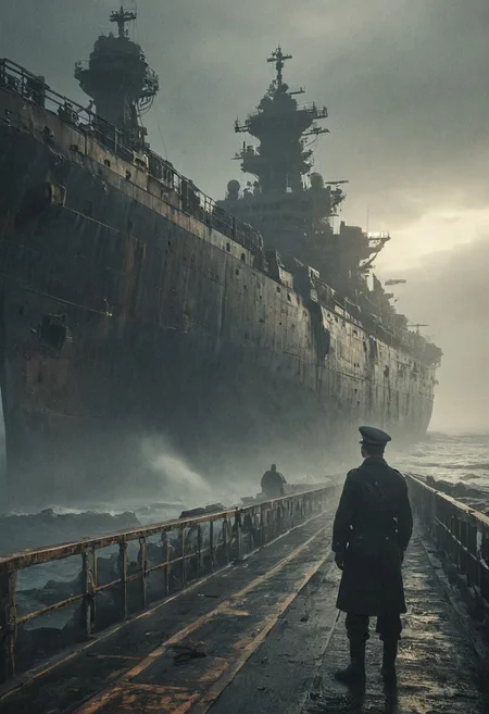 A diligently observing militar officer gazes up at a colossal dreadnought ship being loaded , capturing a wide view. The scene unfolds with meticulous attention to detail: the militar  weather-worn hands gripping the railing, the imposing size of the dreadnought looming above,. This mesmerizing photograph radiates with vivid colors and sharp contrast, immersing viewers in the bustling maritime wargear. The high resolution of the image accentuates every intricate element, from the intricate machinery to the waves lapping against the dock.
Wide range of colors., Dramatic,Dynamic,Cinematic,Sharp details
Insane quality. Insane resolution. Insane details. Masterpiece. 32k resolution.
<lora:add-detail-xl:0.95> <lora:dvr-lnds-sdxl:0.3> dvr-lnds-sdxl <lora:MJ52:0.25> <lora:ral-apoctvisn-sdxl:0.3> ral-apoctvisn <lora:zavy-cntrst-sdxl:0.35> dark, chiaroscuro, low-key <lora:zavy-rmlght-sdxl:0.41> zavy-rmlght <lora:SDXLFaeTastic2400:0.225>