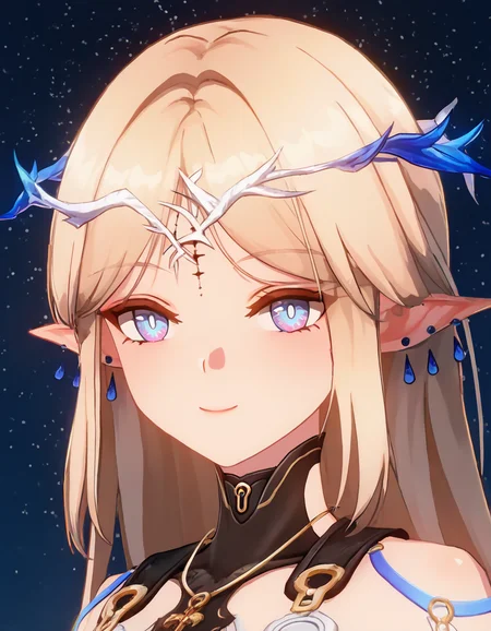 masterpiece, best quality, newest, absurdres, very awa, 1girl, cartethyia, multicolored eyes, bright pupils, crown of thorns, tacet mark, multiple earrings, undersuit, smile, looking at viewer, portrait, three quarter view, starry sky <lora:cartethyia-noob-v-v2:0.8>