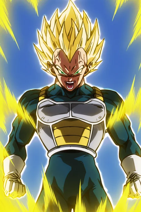 masterpiece, best quality, solo, yellow aura, solo, looking at viewer, open mouth, blonde hair, gloves, 1boy, green eyes, male focus, white gloves, armor, bodysuit, muscular, blue background, facial mark, spiked hair, anger vein, angry, clenched hands, veins, aura, super saiyan, saiyan armor, vegeta, <lora:DBSBroly_Style_IXL_v2:0.8>,