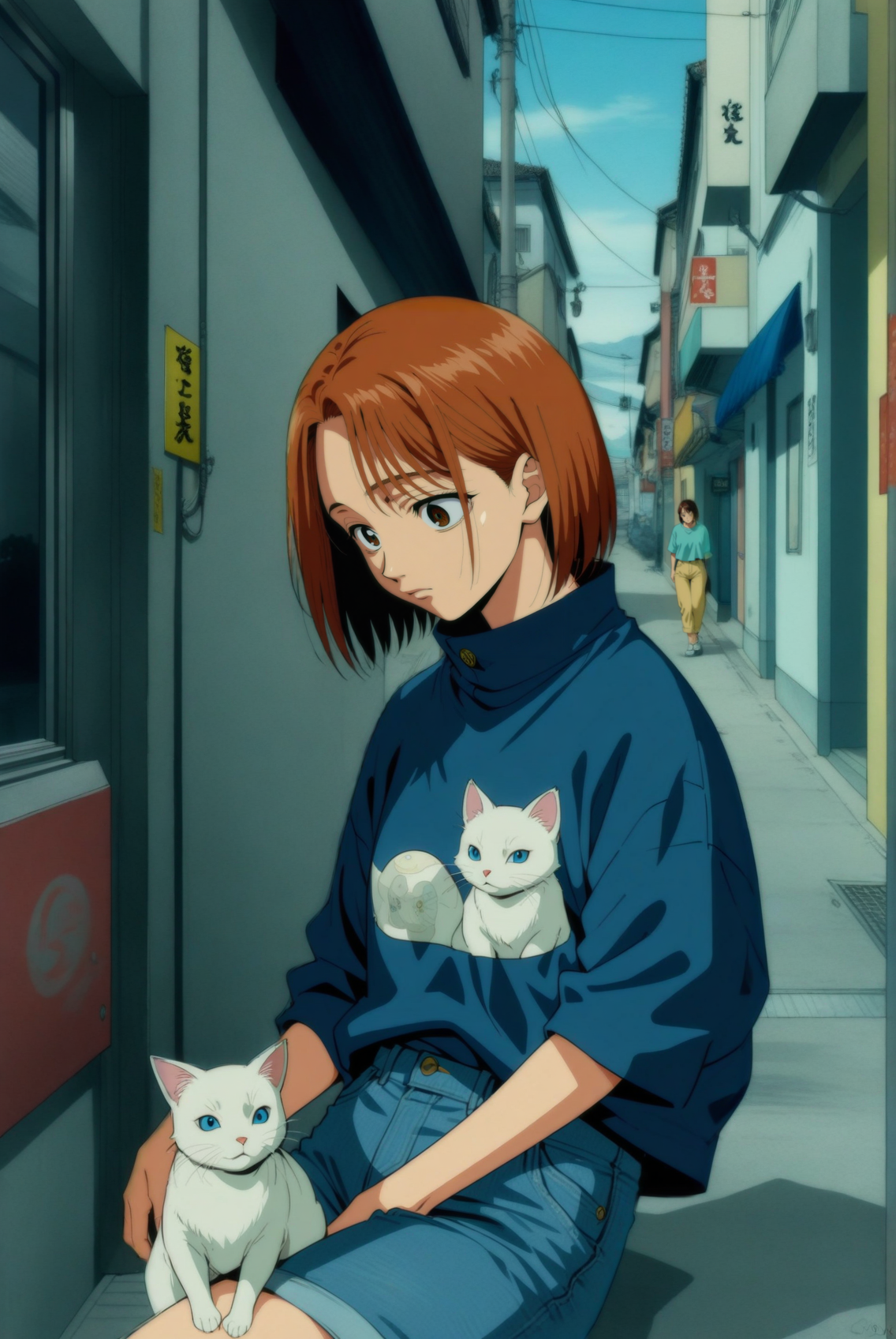 1girl, ieiri shoko, jujutsu kaisen , (90s anime style:1.5), front view, outdoors, street view, (looking down:1.3), perfecteyes, shirt, denim shorts, (a single white cat sitting next to them) <lora:detailed_notrigger:1> <lora:ParchartXL_CODA:0.2> <lora:Isometric Cutaway:1> <lora:PerfectEyesXL:1> <lora:Surreal Harmony:0.2>