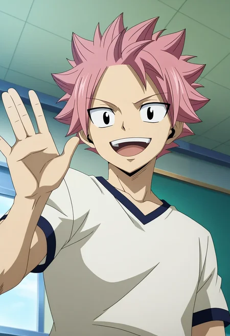 masterpiece, best quality, , anime screencap, anime coloring, official style, looking at viewer, 1boy, solo, male focus, <lora:natsu_dragneel_ilxl:0.92>, natsu_dragneel, pink hair, black eyes, spiked hair, , from below, classroom, indoors, waving, laughing,