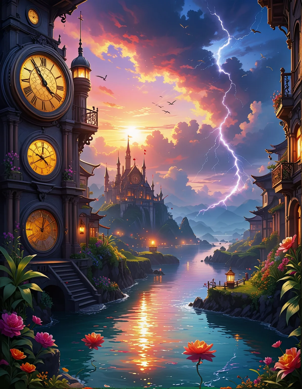 Sci-fi landscape
a vibrant swamp, featuring lush vegetation, croaking frogs, buzzing insects, and a lively atmosphere,
a calm open sea, with gentle waves, clear skies, and a distant horizon ,
Overcast sky Weather,
a sunset cloudscape, with the sky painted in hues of orange and pink, clouds glowing softly as the day transitions to night,
Lightning-illuminated landscape bursts,
Vernal equinox bird migrations,
,
Coral reefs floating in zero-gravity,
Aqueducts pumping liquid starlight,
,
Steampunk: (brass gears), (Victorian architecture), (smokey atmospheres), (clockwork details)
(masterpiece:1.4), (intricate details:1.4), (hyperrealistic:1.3),(painting:0.9),(ultra detailed:1.4), (8k resolution:1.3), (sharp focus), (dramatic perspective:1.1), (chromatic aberration:0.3), (film grain:0.2),
<lora:JuggerCineXL2:0.3>,
<lora:add-detail-xl:0.3>,
<lora:WildcardX-XL-Detail-Enhancer:0.4>,
<lora:xl_more_art-full_v1:0.7>,
<lora:ClassipeintXL2.1:0.3>,
<lora:Flux-XL_Scenery:0.3> flux-scenery ,
<lora:EnvyDramaticLightingXL01:0.7>
detailxl,