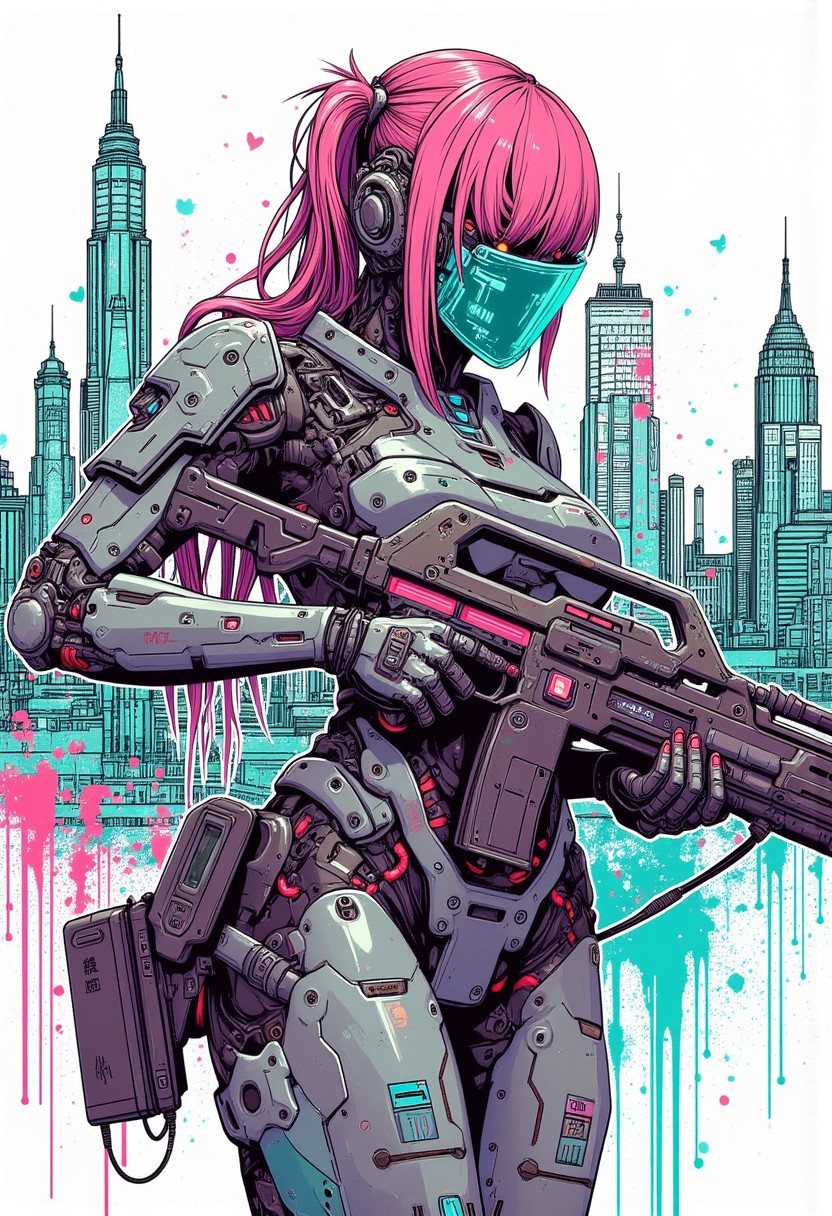 mad-cbrpnksplshrt full of details but with faded outlines, neon ultraviolet hair cyborg girl soldier in combat armor with one robotic arm and one robotic leg holding a pulse rifle, and beautiful sketch of new york city behind, best quality, sharp image,