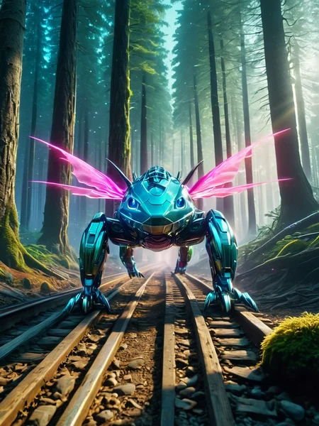 Psychedelic style A high definition epic photograph of  (running:1.05) to the viewer (( An Axolotl robot designed from soft robotics technology, featuring regenerative silicone limbs that can repair themselves after damage using heat-activated polymers.)), Infront of Abandoned Train Tracks Through Forests: Old tracks disappearing into dense woods, evoking nostalgia and adventure. in the background.Rime Ice Formation: Ice crystals that form on surfaces exposed to supercooled fog or mist, creating beautiful frost-like patterns on trees and structures.(dynamic:1.1), sun rays,, (taken by 7.5mm fisheye lens:1.1),shots  showing emotions, shiny reflective metal, Mechanical elements, rainbow flare elements slightly.((Complex Machinery)) cyborg
 = ((Vivid, HDR, Canon50, 8K, Hyper Realistic, Dramatic, Epic, Dynamic Contrast, Cinematic Lighting, increased brightness)) (((Zoomed Out, Far away Shot))) = =. Epic dynamic lighting . =vibrant, highly detailed, psychedelic
((Vivid, Epic, Dynamic contrast)) (((Zoomed out, Far away shot, In frame)), 
<lora:juggernautXL_version6Rundiffusion:0.8> 
<lora:glowneon_xl_v1:0.6> glowneon, glowing, sparks, 
<lora:atlantysUltimanimeXL_atlasAtlantys:0.8><lora:epicrealismXL_v5Ultimate:0.8>
<lora:extremely_detailed:1>  <lora:eyetune:1>
<lora:TransformersStyleXL:0.8> TransformersStyle  <lora:SDXLFaeTastic2400:0.6> <lora:Dynamic Poses:0.8> <lora:crystalClearXL_ccxl:0.8>, - Generate images with sharp edges and fine details.
- Produce high-resolution images with no blurriness or distortions.
- Create images with clear and well-defined subjects.
- Ensure that the output images have crisp lines and distinct features.
- Generate images with vibrant colors and accurate tones.
- Avoid noise or artifacts in the generated images.
- Focus on producing clear textures and patterns in the images.
- Emphasize clarity and definition in all aspects of the generated images.
- Prioritize the sharpness and clarity of the main subjects in the images.
- Optimize the AI model to produce clear and visually appealing images., Wlop . Vibrant colors, swirling patterns, abstract forms, surreal, trippy