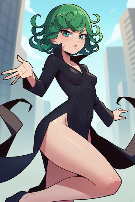 score_9, score_8_up, score_7_up, BREAK, <lora:balsamique-guy-PONYv1:1>, 1girl, solo, tatsumaki, green hair, thighs, floating, midair, city, outdoors, breasts, dress