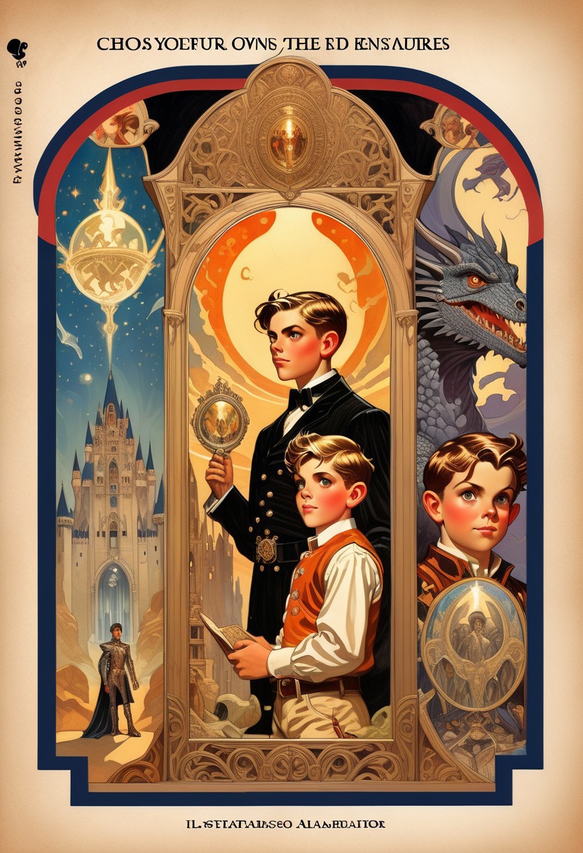 choose your own adventure, graphic novel illustration, The Magic Mirror Description: The cover features a child looking into an ornate mirror that reflects a fantastical world with castles, dragons, and wizards. The protagonist finds a magical mirror that transports them to a parallel world where they must navigate political intrigue and magical battles to find their way home., detailxl, J.C. Leyendecker Style page