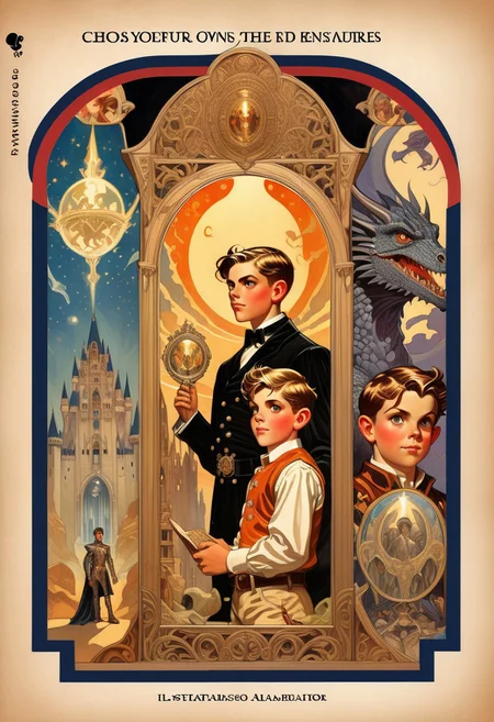 choose your own adventure, graphic novel illustration, The Magic Mirror Description: The cover features a child looking into an ornate mirror that reflects a fantastical world with castles, dragons, and wizards. The protagonist finds a magical mirror that transports them to a parallel world where they must navigate political intrigue and magical battles to find their way home., detailxl, J.C. Leyendecker Style page