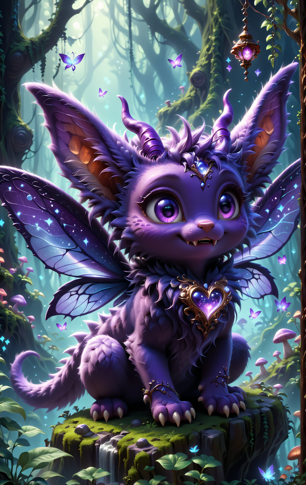 score_9, score_8_up, score_7_up, score_6_up, MyNewFantasy, Adorable dark fantasy creature, small and whimsical design, large expressive eyes, soft glowing iridescent fur, hues of deep purple and midnight blue, oversized fluffy ears, tiny pointed horns, delicate bat-like wings, swirling patterns on fur resembling constellations, sitting playfully in a shadowy enchanted forest, surrounded by luminescent mushrooms, twinkling fairy lights, mischievous smile, tiny paws with sparkly claws, softly glowing orbs floating around, magical aura, charming yet mysterious presence
