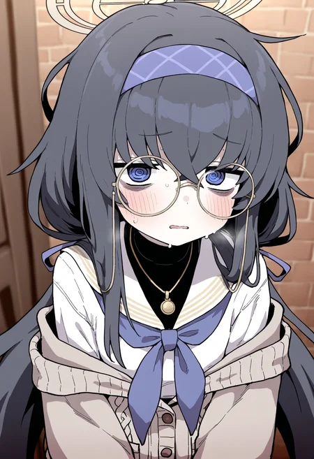 masterpiece,best quality,amazing quality,
1girl, ui (blue archive), solo, bags under eyes, long hair, halo, round eyewear, black hair, blush, glasses, hairband, upper body, cardigan, neckerchief, sweat, bangs, jewelry, sailor collar, looking at viewer, parted lips, blue eyes, necklace, long sleeves, hair between eyes, school uniform, blue hairband, white sailor collar, blue neckerchief, twintails, ribbon, serafuku, @_@, eyewear strap, hair ribbon, off shoulder, black undershirt, shirt, very long hair,
<lora:Lativi_V2_epoch_10:1>