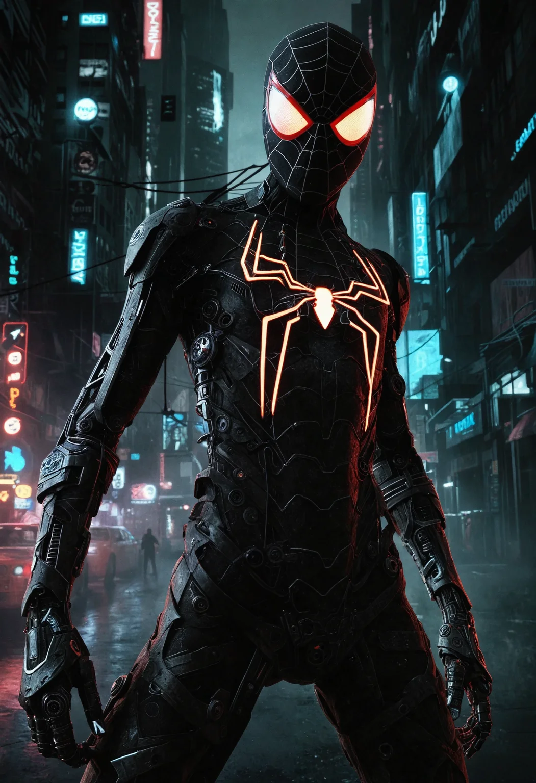 Gritty high-contrast monochromatic photo, futuristic cityscape, dystopian atmosphere, Spider-Man, battered rusty suit, intricate cybernetic enhancements, dramatic shadows, deep blacks, neon accents, eyes are highlighted with piercing LED lights, intense intensity, organic and mechanical elements blend, integrated cybernetic prosthetics showcasing human-technology fusion