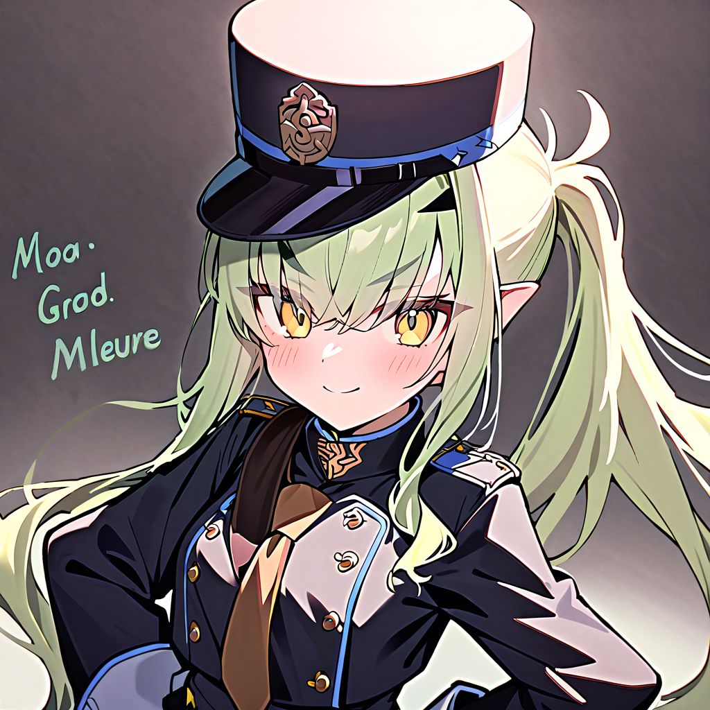 1girl, Melusine \(fate grand order\), fate grand order, solo, long hair, hat, white hair, pointy ears, yellow eyes, peaked cap, jacket, black gloves, hand on own hip, closed mouth, hair over one eye, looking at viewer, brown necktie, large breasts, eyes visible through hair, smile, long sleeves, side ponytail, gloves, upper body, light green hair, character name, necktie, breasts, english text, blush, black headwear, white jacket, 
masterpiece,best quality,  newest, absurdres, safe <lora:ag31_twin_fp8-000036:1>