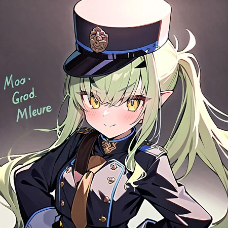 1girl, Melusine \(fate grand order\), fate grand order, solo, long hair, hat, white hair, pointy ears, yellow eyes, peaked cap, jacket, black gloves, hand on own hip, closed mouth, hair over one eye, looking at viewer, brown necktie, large breasts, eyes visible through hair, smile, long sleeves, side ponytail, gloves, upper body, light green hair, character name, necktie, breasts, english text, blush, black headwear, white jacket, 
masterpiece,best quality,  newest, absurdres, safe <lora:ag31_twin_fp8-000036:1>