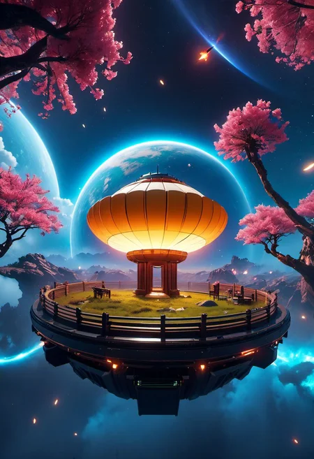 4D render, blender, landscape, Ancient,apocalypse, perfect world, ARK game style, cyberpunk 2077, unreal engine 5 graphics style, spaceship, outdoors, icon, floating in the air, outer space planet, sky gate,dinheirosaurus, human, bulding night, meteor aurora , flower, top-down view, firefly -ar 9:16, high saturation, high contract, fire effcect, bigbang, top-down view