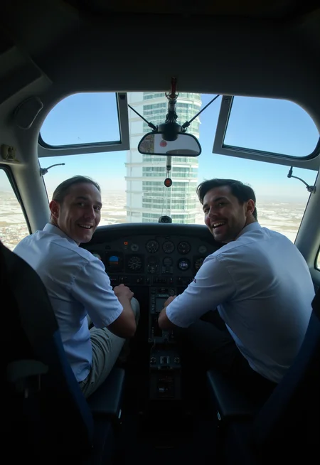 view from inside the cockpit of a large passenger plane, the two pilots looking back at the viewer grinning while the view outside the cockpit window is a closeup view of a office building with motion blur