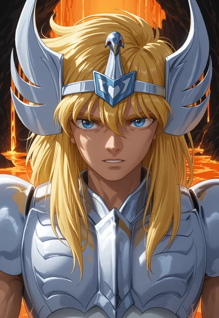score_9, score_8, cygnushyov2,1boy, blue eyes, slender figure, toned male, swan circlet, silver pauldrons, silver armor, white undershirt, wavy blonde hair, sleeveless, (highly detailed:1.2), (intricate:1.2), (best quality:1.2),(8k:1.2), (sharp:1.2), (majestic:1.2), natural lighting, detail++, cave backdrop, lava, looking at viewer, straight-on-, portrait, close-up