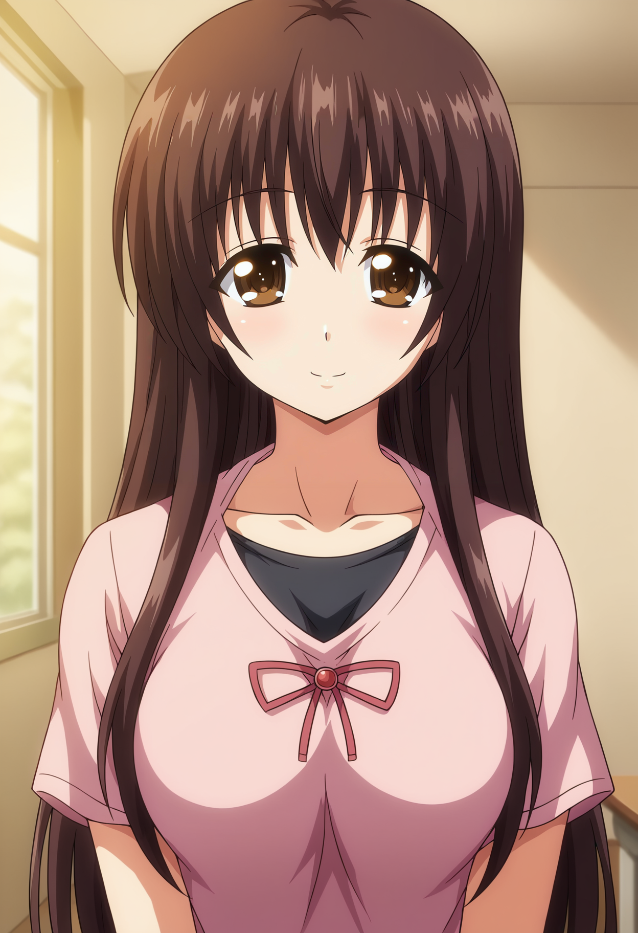 <lora:Komachi_Yakuouji-Pretty_x_Cation:0.8>,Komachi,1girl,solo,long hair,brown eyes,brown hair,breasts,t-shirt,upper body, looking at viewer, smile,indoors,