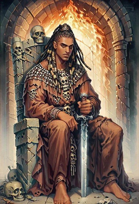 score_9, score_8_up, score_7_up, oblivionarts, solo, 1boy, warrior, ((african male)), brown eyes, muscular, long dread locks, loose dread locks, barbarian garb, sitting on throne of skulls, Skulls for the Skull Throne, piles of skulls, bored expression, holding sword point down, planted sword, large sword, plain broadsword, dark room, torch lit, abandoned temple, traditional art, medieval, <lora:Oblivion:.6>