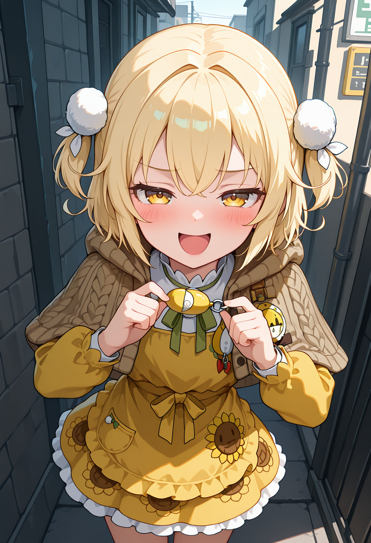 highres, best quality, masterpiece, outdoors,
1girl, solo, nkliter, blonde hair, short hair, two side up, yellow eyes,
litercts, yellow dress, frilled dress, pom pom hair ornament, brown capelet, brown shawl, long sleeves, pom pom \(clothes\), crime prevention buzzer, badge, sunflower badge, sunflower print, frills,
looking at viewer, blush, smug, open mouth, 
standing, crime prevention buzzer threat, cord pull,
<lora:_liter_nikke-elesico-ilxl1b-000009:1>