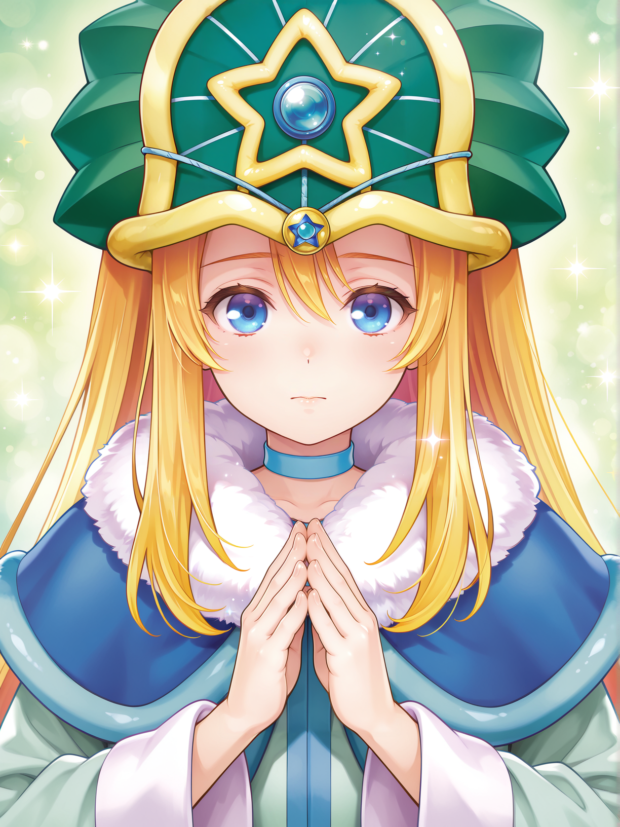 official alternate costume,doriado,1girl,solo,blue choker,upper body,looking at viewer,sparkle,closed mouth,green background,green wizard hat,blue rope,fur trim,official art,clasped hands pose,
masterpiece,best quality,amazing quality,very aesthetic,absurdres,newest,<lora:Doriado 4 in 1 illusXL v1.1:0.7>,