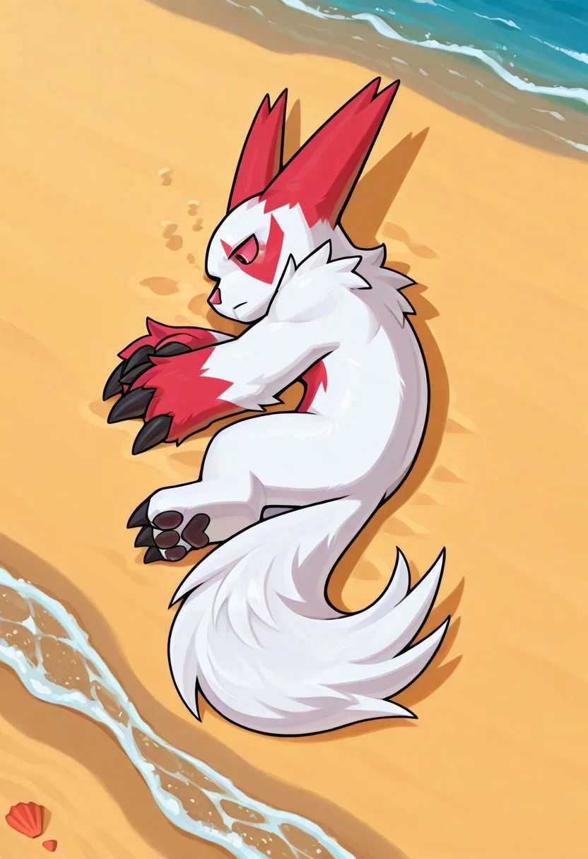Zang00se, red sclera, black pupil, white skin, two-toned fur, 2 large black claws, big bushy tail, Sleeping, sea in background, sand on ground, beach background