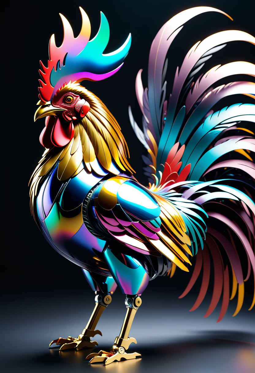 cybernetic robot Striking appearance of a mechanical robot rooster, intricate mechanisms make it a marvel of engineering, close-up, magnificent creation captivates onlookers, boasting a unique design that seamlessly blends organic and synthetic elements, the rooster is truly a prized possession among those who appreciate fine craftsmanship, iridescent plumage composed entirely of polished metal, reflects every hue of the spectrum, breathtaking sight to behold, style of Slawomir Maniak,  android, AI, machine, metal, wires, tech, futuristic, highly detailed