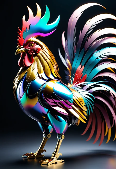 cybernetic robot Striking appearance of a mechanical robot rooster, intricate mechanisms make it a marvel of engineering, close-up, magnificent creation captivates onlookers, boasting a unique design that seamlessly blends organic and synthetic elements, the rooster is truly a prized possession among those who appreciate fine craftsmanship, iridescent plumage composed entirely of polished metal, reflects every hue of the spectrum, breathtaking sight to behold, style of Slawomir Maniak, android, AI, machine, metal, wires, tech, futuristic, highly detailed