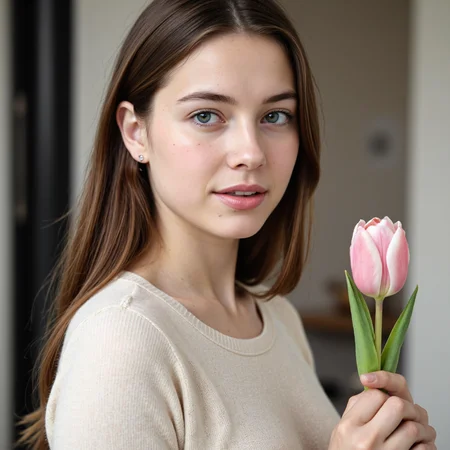 A photo-realistic shoot from a close-up camera angle about a young woman holding a pink tulip, with a soft, blurred background. the image also shows a close up of her face and upper body, showcasing her delicate features. on the middle of the image, a 20 years old woman with light skin, brown hair, and freckles, who appears to be a young adult, is facing the viewer and looking to the side, with her blue eyes looking directly at the viewer. she is wearing a cream-colored sweater and silver earrings, and has a ring on her finger. her lips are slightly parted, and she is holding a single pink and white tulip in her left hand. the woman has a serene expression, and her body is slim.