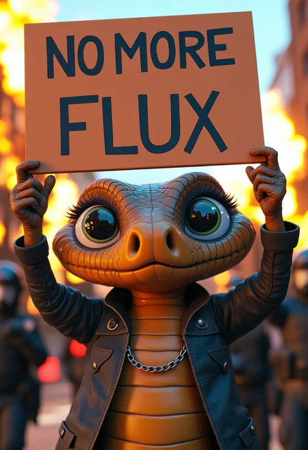 An angry anthropomorphic 3D rendering of a cute snake wearing punk rock gear holding up a protest sign that says "NO MORE FLUX" the highest quality detail, buildings burning, police in the background, UHD 8k, angry