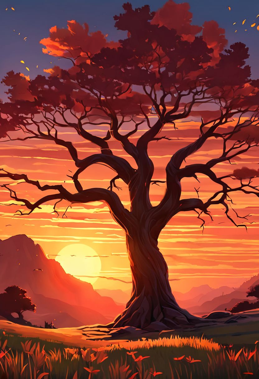 Generate a breathtaking landscape featuring a vibrant sunset casting a warm, golden glow across the sky. A majestic tree stands tall and proud, its branches reaching towards the heavens, silhouetted against the fiery hues of the setting sun. The scene is reminiscent of RHADS' signature style, with intricate details and a rich color palette that creates a sense of depth and immersion. The background is designed to be a perfect fit for a mobile game, with a focus on creating a captivating and immersive environment for players to explore. This stunning artwork captures the essence of a serene and picturesque sunset, ideal for a game background or wallpaper that exudes beauty and tranquility.