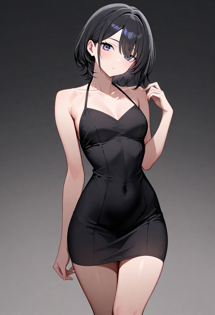 masterpiece, best quality, 32k, high resolution, absurdres, little black dress, collarbone, hand up, legs together, gradient background, narrow waist, armpit crease, halterneck, shoulder blades, looking at viewer, small breasts