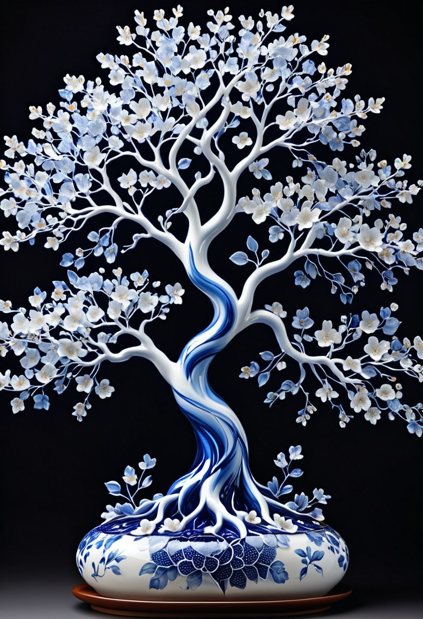 Porcelain sculpture,cherry blossoms tree, Bluepatternporcelain ,blue fluid,gems,dried flowers,hyperrealistic,see-through