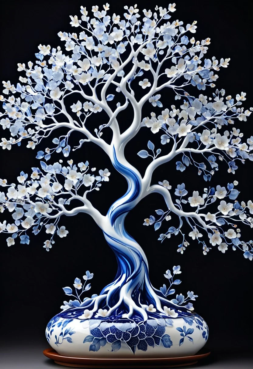 Porcelain sculpture,cherry blossoms tree, Bluepatternporcelain ,blue fluid,gems,dried flowers,hyperrealistic,see-through