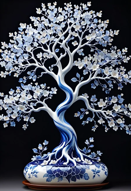 Porcelain sculpture,cherry blossoms tree, Bluepatternporcelain ,blue fluid,gems,dried flowers,hyperrealistic,see-through