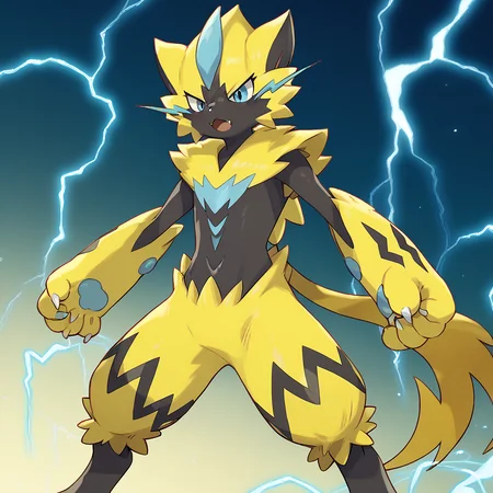 <lora:SlimesZeraora:1>, score_9, score_8_up, score_7_up, slimes_zeraora, solo, standing, lightning background