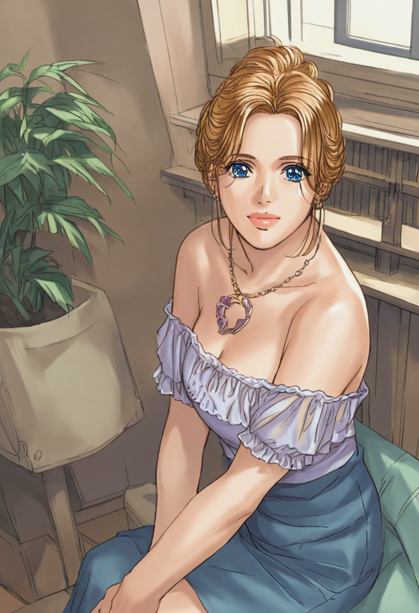 source_anime, score_9, score_8_up, score_7_up, 1girl, mature_female, solo, Sitting, pretending to hold a small kitten, from above, (Scarle Chausses), blond_hair, cropped shoulders, rating_safe, <lora:sdxl\pony diffusion\artist_styles\tohru_nishimaki_pony:1.0>
