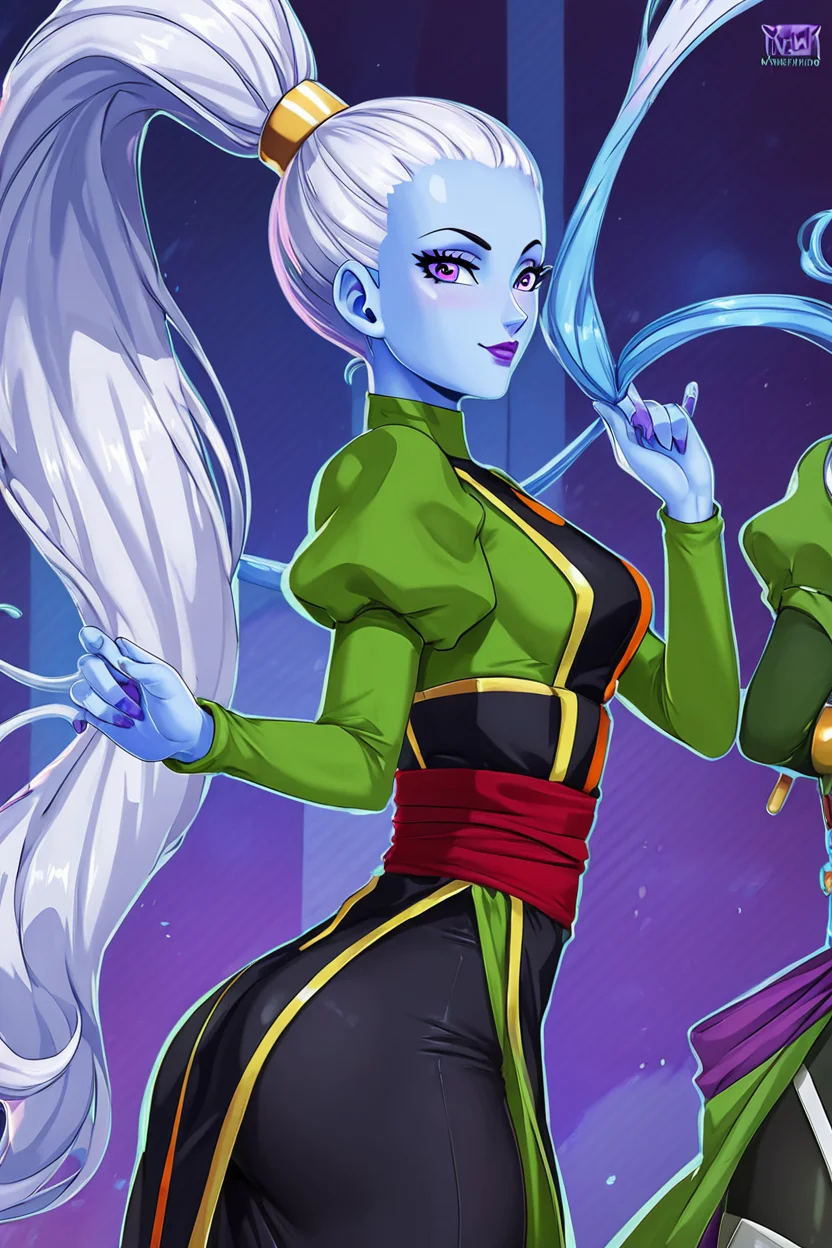 score_9, score_8_up, score_8, medium breasts, (curvy), cute, eyelashes, BREAK, , zzVados, long hair, ponytail, white hair, blue skin, hair pulled back, high ponytail, very long hair, purple eyes, long sleeves, puffy sleeves, sash, purple lips, dress, makeup, lipstick, <lora:Vados_DB_PDXL:0.8>, , BREAK, smile, looking at viewer, cowboy shot, side view, ass, ,,, embedding:zPDXL, Expressiveh, ,,, <lora:Zy0n7_PDXL:0.8>, <lora:SDXLFaeTastic2400:0.5>, <lora:Expressive_H-000001:0.4>,