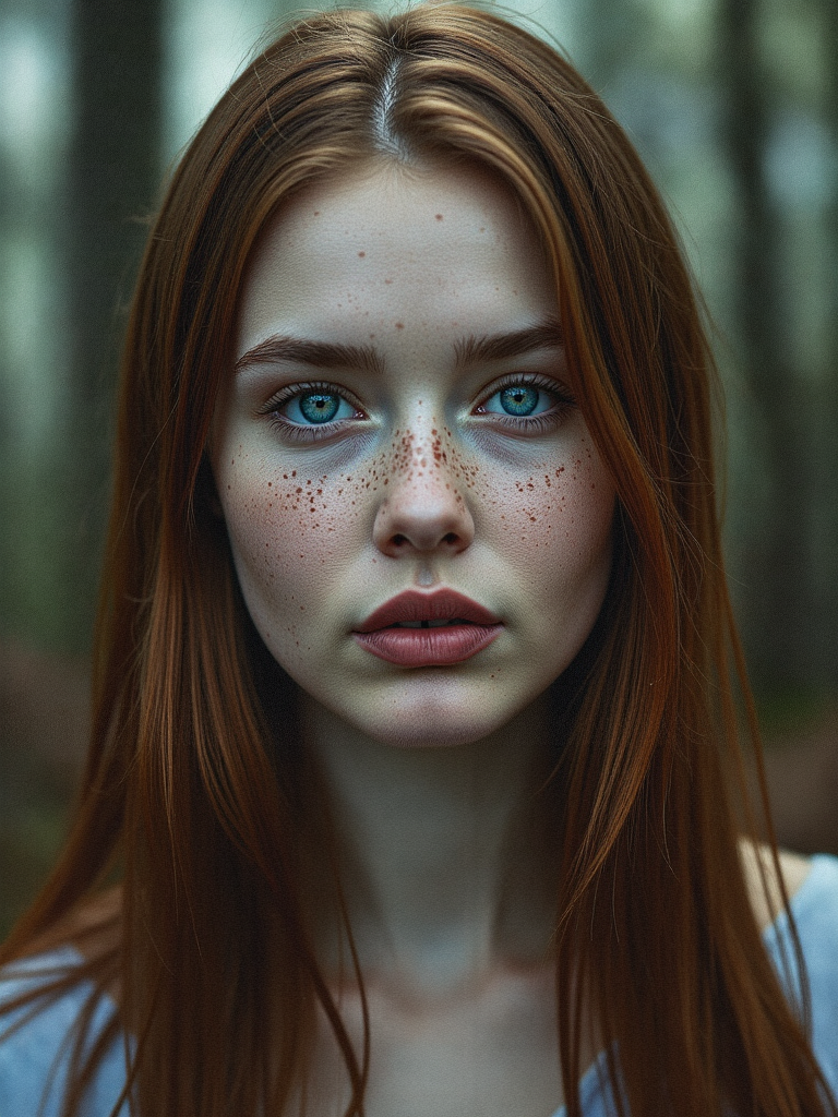 Washed out portrait photo of a young woman with an intense and captivating gaze, vibrant blue eyes standing out against her pale complexion, detailed skin with light freckles scattered across her face, slightly parted lips with a soft matte finish, long auburn hair framing her face, wearing a natural expression with no visible makeup, subtle lighting highlighting the detailed skin and the natural texture of her features, surrounded by a blurred, forest-like background, creating a sense of mystery and quiet strength, visually powerful and evocative, soft and dreamy looking image with washed out colors, <lora:detailed_skin_portraits-000005:0.75>