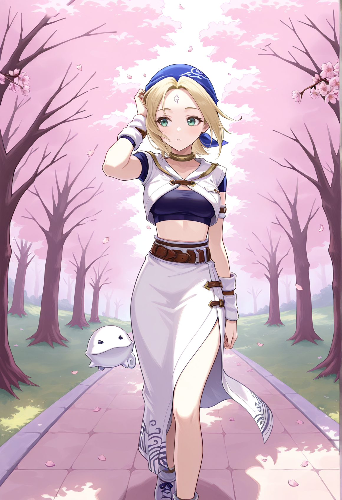 1girl, solo, 1girl, blonde hair, green eyes, short hair, forehead mark, official alternate costume, bandana on head, neck ring, tube top, vest, wristband, skirt, creature, walking, outdoors, cherry blossoms, petals, wind, hand on hair  <lora:fina_arcadia:1>, masterpiece, best quality, amazing quality, very aesthetic, absurdres, highres, newest