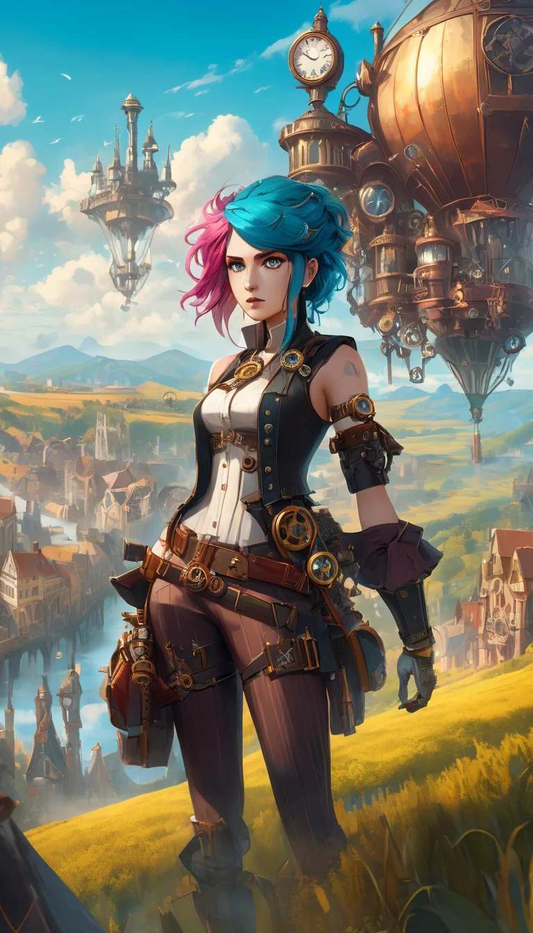 Female steampunk adventurers exploring a landscape, multicolored mixed colored hair, extremely beautiful detailed piercing eyes, flying though a paradox, cinematic scene, scenery, detailed background, masterpiece, best quality, high quality, highres, absurdres, very detailed, high resolution, sharp, sharp image, 8k, vivid, colorful, stunning, arcane style <lora:arcance_style_xl_v1:1>