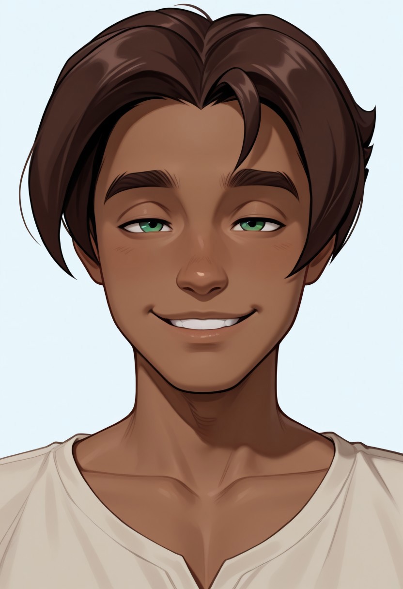 masterpiece, absurdres, high quality, perfect anatomy, 1boy, solo, cute boy, male focus, Presley, Dark Skin, Brown Hair, Green Eyes, collarbone, smug smile, parted lips, intricately detailed illustration, masterpiece, best quality, amazing quality, very aesthetic, absurdres, newest, very awa,  shadow, portrait, simple background,