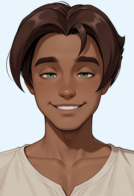 masterpiece, absurdres, high quality, perfect anatomy, 1boy, solo, cute boy, male focus, Presley, Dark Skin, Brown Hair, Green Eyes, collarbone, smug smile, parted lips, intricately detailed illustration, masterpiece, best quality, amazing quality, very aesthetic, absurdres, newest, very awa,  shadow, portrait, simple background,
