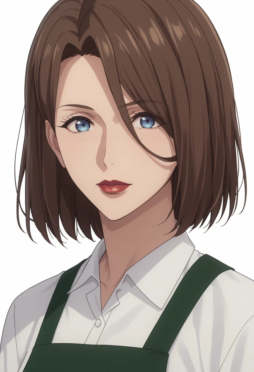 score_9, score_8_up, score_7_up, source_anime, white white background, looking at viewer, BREAK, 1girl, solo, <lora:DX888YumikaRaiha:1>,sakuraba yumika, brown hair, blue eyes, lipstick, mature female, bob cut, green apron, white shirt, lips