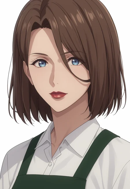 score_9, score_8_up, score_7_up, source_anime, white white background, looking at viewer,   BREAK, 1girl, solo,   <lora:DX888YumikaRaiha:1>,sakuraba yumika, brown hair, blue eyes, lipstick, mature female, bob cut,  green apron, white shirt, lips