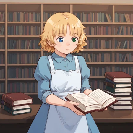 riley-davis, w0rm, blonde hair, 1girl, solo, blue eyes, heterochromia, green eyes, short hair, dress, apron, in the library reading a book