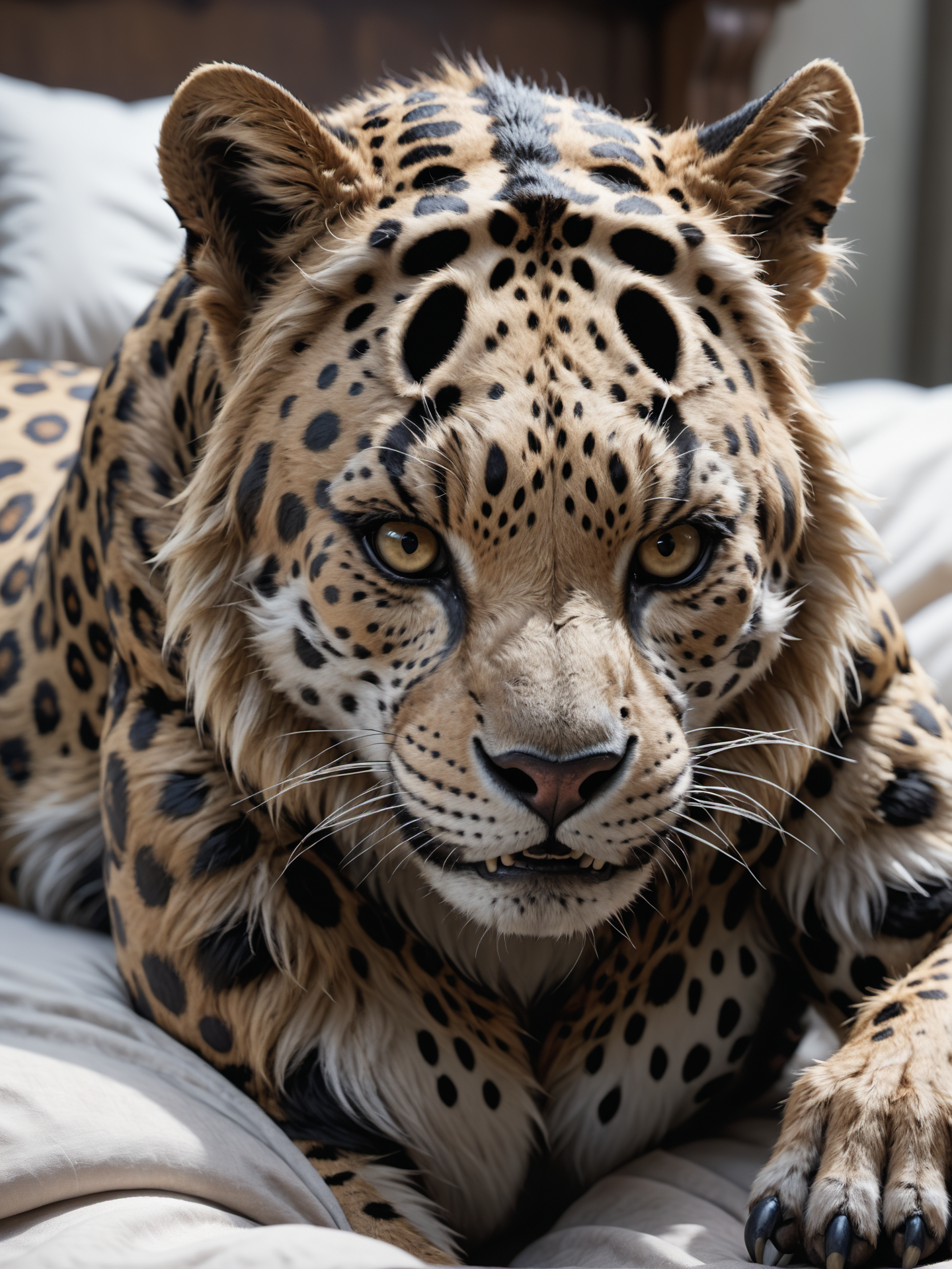 closeup of an anthro female jaguar , visible pussy, fangs laying down in bed, detailed, realistic, 8k uhd, high quality
