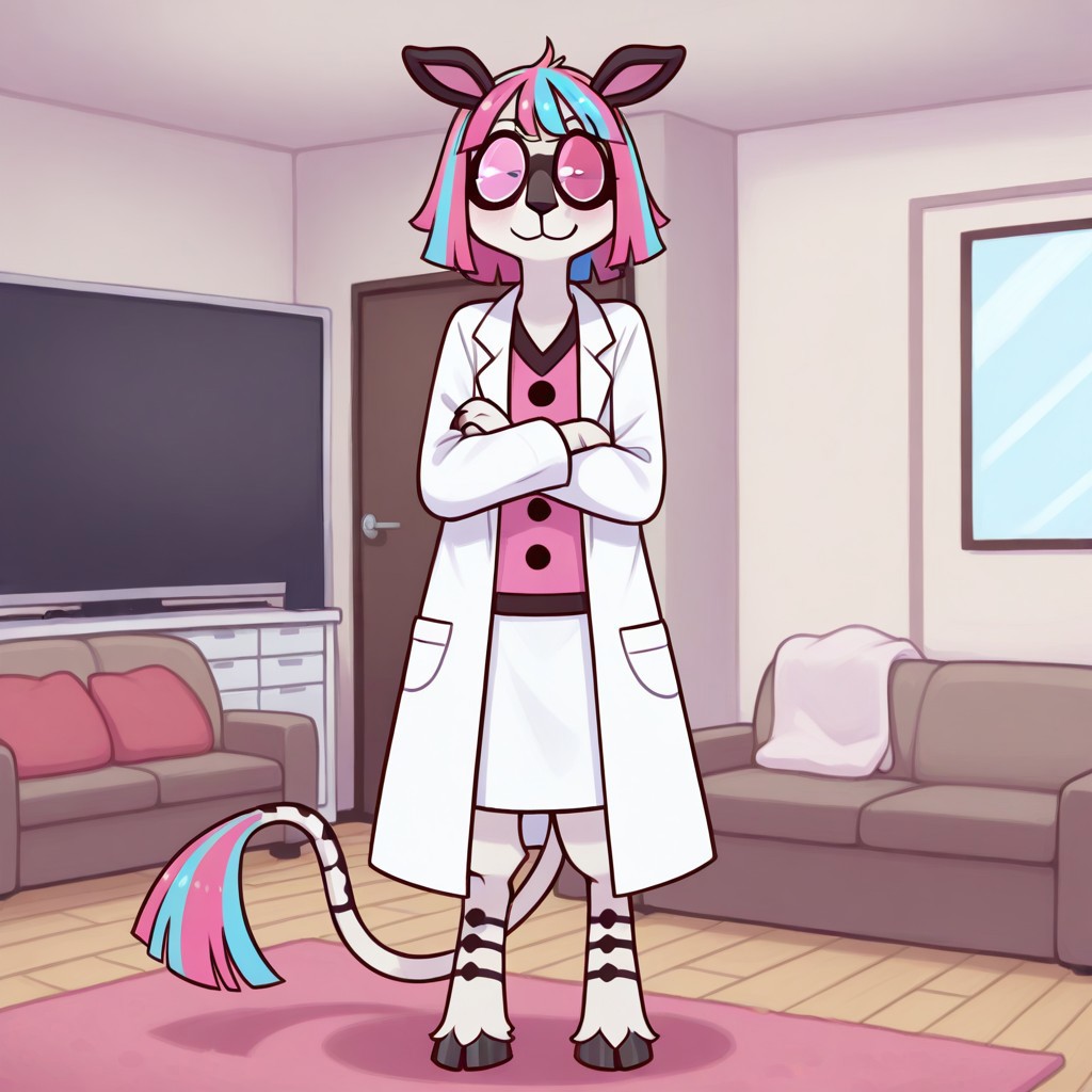 Neon(F), Solo, 1girl, anthro, furry female, goat, tiger, hybrid, white and blue fur, black stripes, striped fur, pink and blue hair, short hair, black ears, pink eyes, plus and minus pupils, long tail, Bushy tail tip, goat hooves, black goggles, looking at viewer, arms crossed, white lab coat, white skirt, full body, smiling, standing, living room background